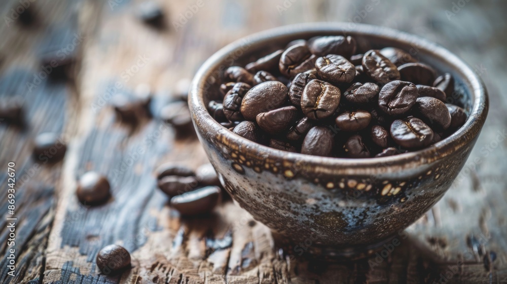 Close-up of coffee beans in a rustic bowl Close-up of coffee beans in a rustic bowl