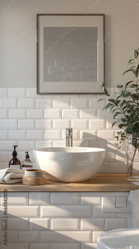 Serene bathroom with an empty frame above the sink Serene bathroom with an empty frame above the sink