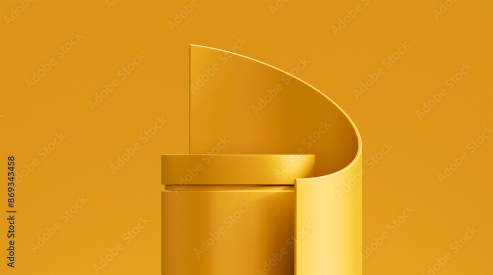 Abstract curve yellow podium of luxury presentation template. Product stage premium display or empty elegant pedestal show stand and blank showcase platform object banner showroom backdrop. Abstract curve yellow podium of luxury presentation template. Product stage premium display or empty elegant pedestal show stand and blank showcase platform object banner showroom backdrop.