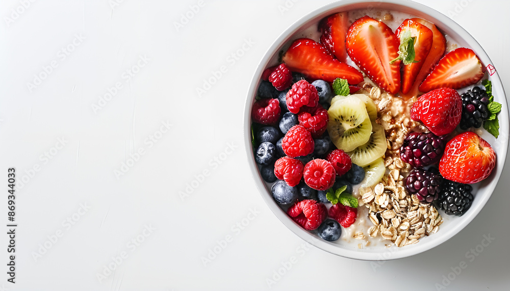 Bowl of oatmeal with berries and fruits on white background Bowl of oatmeal with berries and fruits on white background
