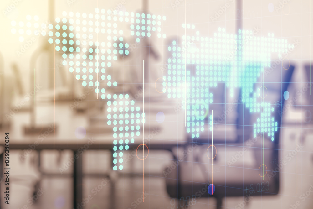 Abstract creative world map interface on a modern furnished office background, international trading concept. Multiexposure Abstract creative world map interface on a modern furnished office background, international trading concept. Multiexposure