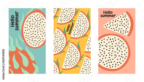 Summer poster pitahaya set in flat style. Art for poster, postcard, wall art, banner background