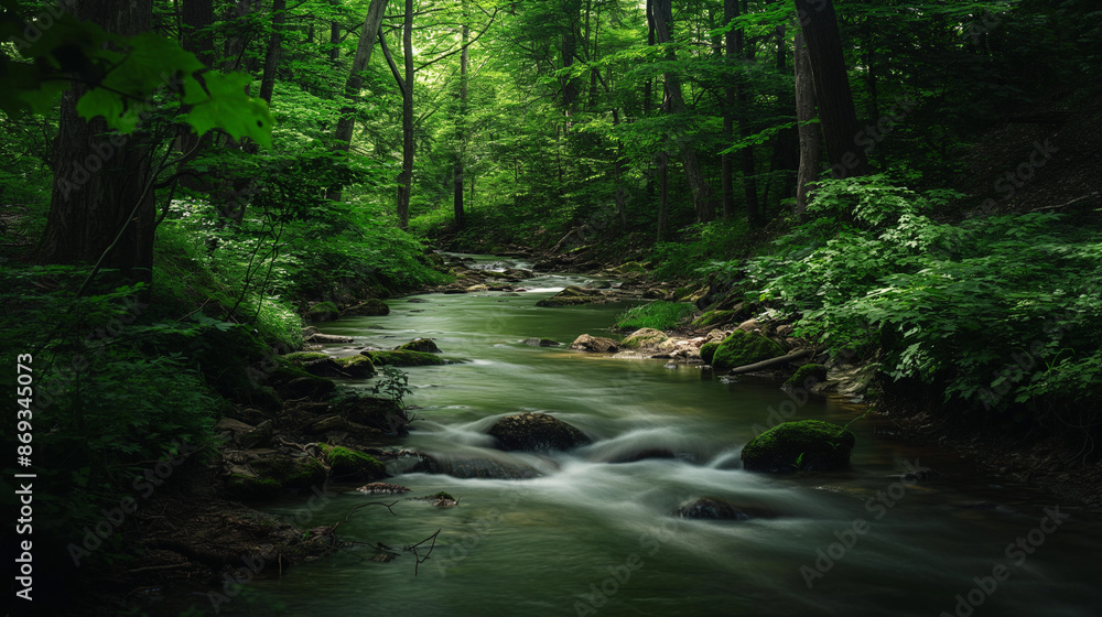 Long exposure of a stream flowing through a green forest Long exposure of a stream flowing through a green forest