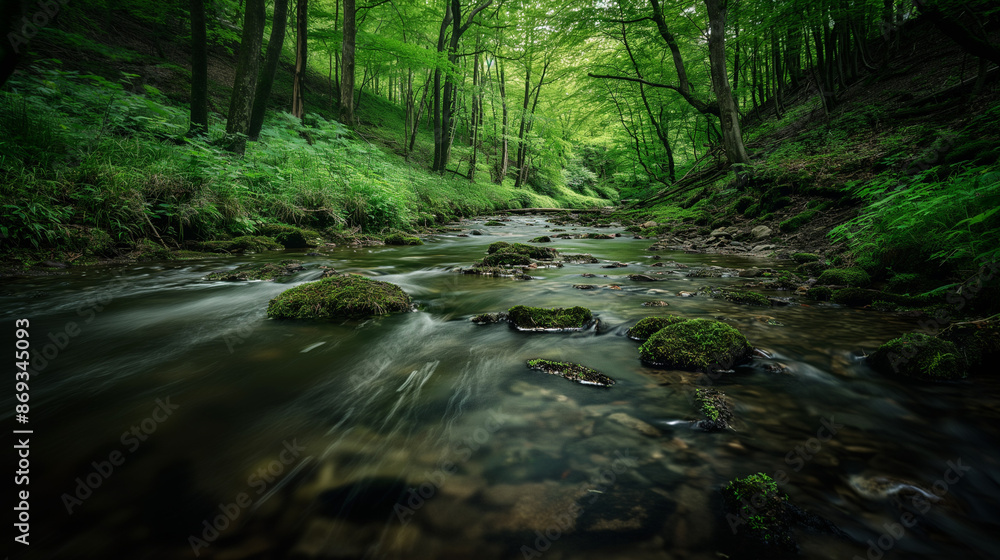 Long exposure of a stream flowing through a green forest Long exposure of a stream flowing through a green forest