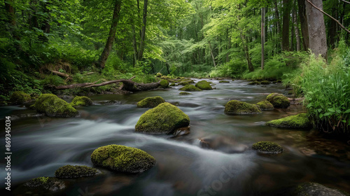 Long exposure of a stream flowing through a green forest