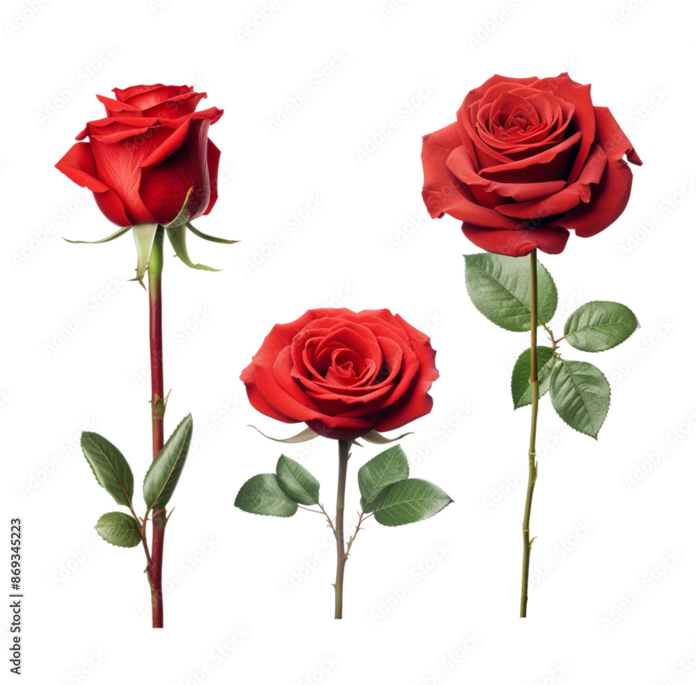 Fototapeta premium Set of red roses isolated on white background, collection of four red rose heads, PNG image, PNG files