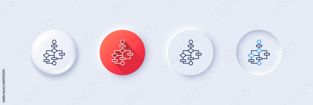 Block diagram line icon. Neumorphic, Red gradient, 3d pin buttons. Path scheme sign. Algorithm symbol. Line icons. Neumorphic buttons with outline signs. Vector Block diagram line icon. Neumorphic, Red gradient, 3d pin buttons. Path scheme sign. Algorithm symbol. Line icons. Neumorphic buttons with outline signs. Vector