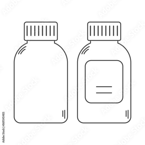 Set of two linear pills bottles. Medicine containers icons with prescription label. Editable sroke