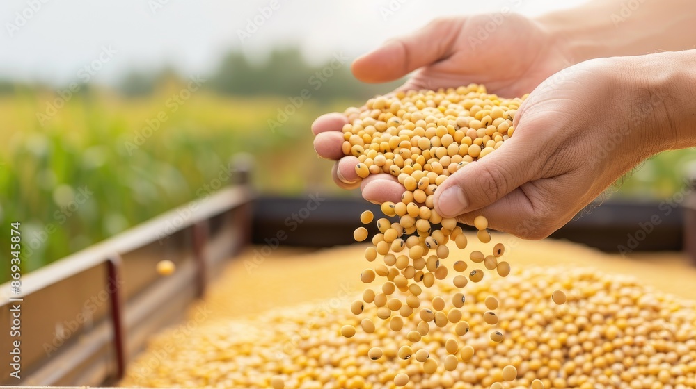 A farmers hand holds a handful of harvested soybeans, with a large pile of soybeans in the background A farmers hand holds a handful of harvested soybeans, with a large pile of soybeans in the background