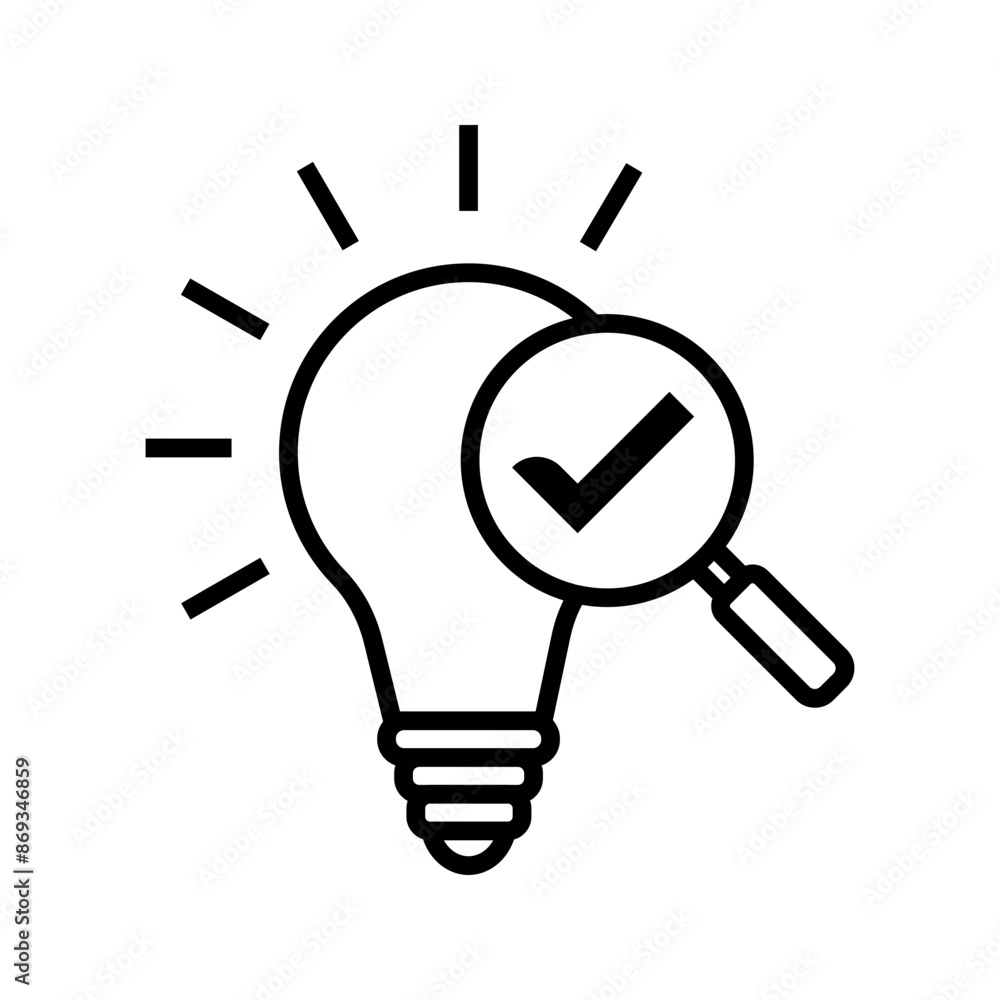 Lightbulb with magnifying glass and checkmark, bright idea search icon vector Lightbulb with magnifying glass and checkmark, bright idea search icon vector