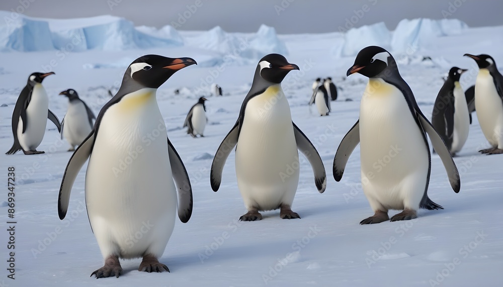 Fototapeta premium In icy Antarctica penguins dance and thrive, defying the harshness of their environment with their resilient spirits 