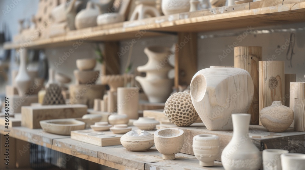 Wooden crafts on shelves in workshop Wooden crafts on shelves in workshop