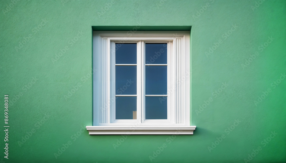 Fototapeta premium White window on an empty green wall. Window on the facade of the house