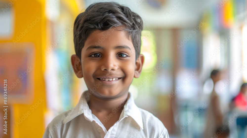 Portrait of a smiling Indian schoolboy against a blurred background in the classroom. Back to school.