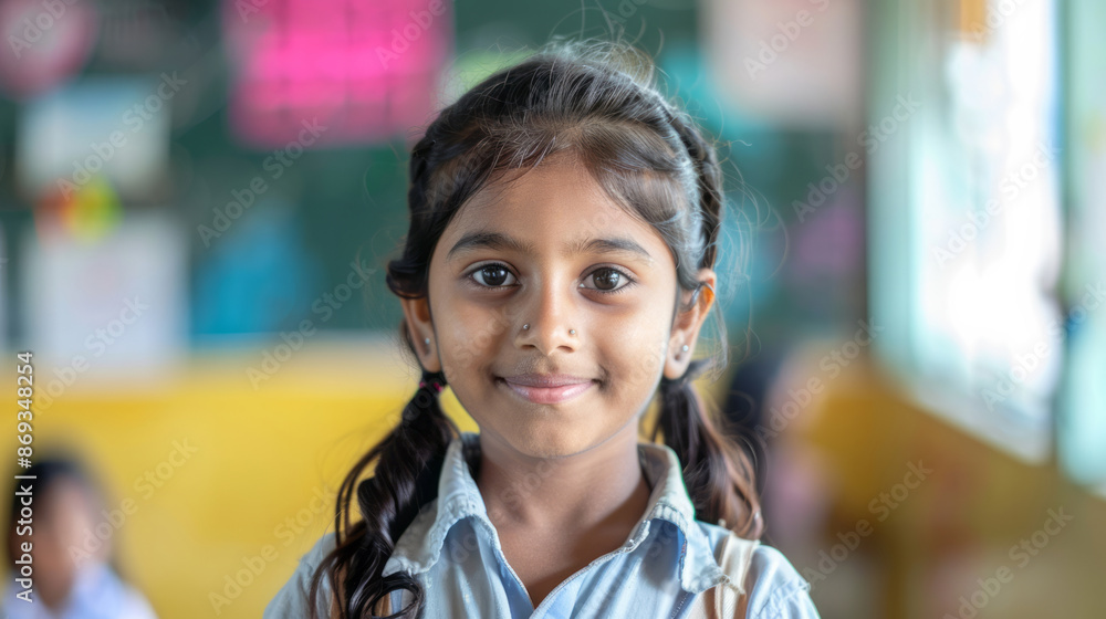 Portrait of a smiling Indian schoolgirl with a blurred classroom background. Back to school concept.
Portrait of a smiling Indian schoolgirl with a blurred classroom background. Back to school concept.