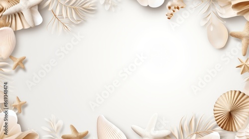 An elegant beach banner with a minimalist design featuring seashells and starfish on a neutral background. Travel, summer vacation concept, copy space photo
