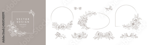 Luxury floral frames with flowers, branches and leaves. Flower wreath in line art style. Vintage hand drawn vector for decoration of wedding invitation, card, logo, label, branding, save the date