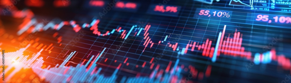 Close-up of a digital stock market chart showing financial data with colorful graphs and numbers under a glowing effect. Close-up of a digital stock market chart showing financial data with colorful graphs and numbers under a glowing effect.