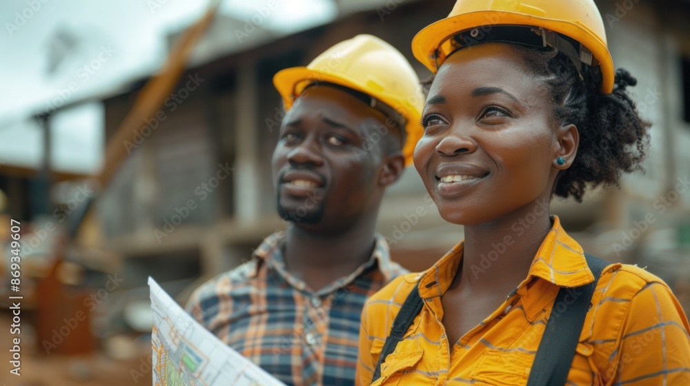 Engineering team at a construction site, focusing on building project planning and architectural design. Black women and men contractors collaborating effectively for development success. Engineering team at a construction site, focusing on building project planning and architectural design. Black women and men contractors collaborating effectively for development success.