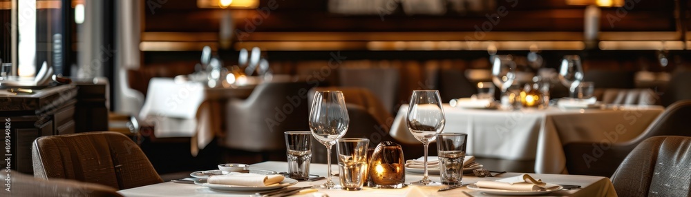 Elegant restaurant setting with neatly arranged tables, wine glasses, and warm lighting creating a cozy dining ambiance for guests. Elegant restaurant setting with neatly arranged tables, wine glasses, and warm lighting creating a cozy dining ambiance for guests.