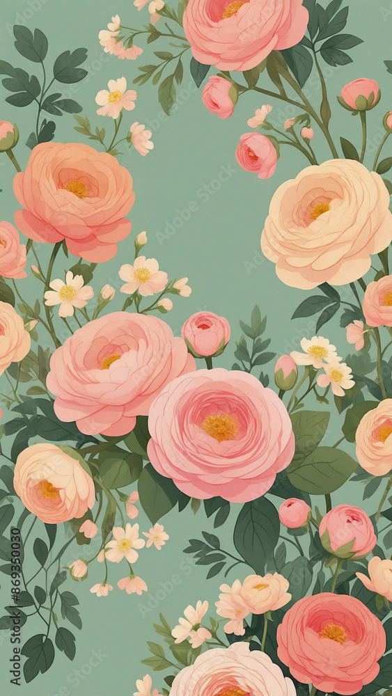 a romantic florals background with delicate Ranunculus flowers, blossoms, and vines a romantic florals background with delicate Ranunculus flowers, blossoms, and vines