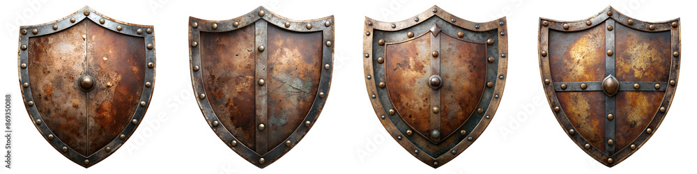 Fototapeta premium Old rusty Iron knight shield isolated on transparent background PNG file