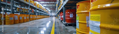 Wallpaper Mural Large warehouse with organized storage of yellow and red barrels. Industrial setting with clean corridor and metal shelving units. Torontodigital.ca