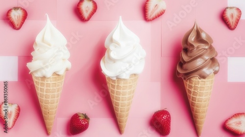 Ice cream cone wafer isolated set with vanilla, chocolate and strawberry photography --ar 25:14 Job ID: 23f506e2-7a37-4a30-b6bc-83b00c4993be