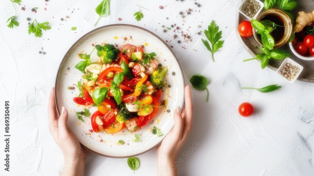Overhead view of food served in plate over white background photography Overhead view of food served in plate over white background photography
