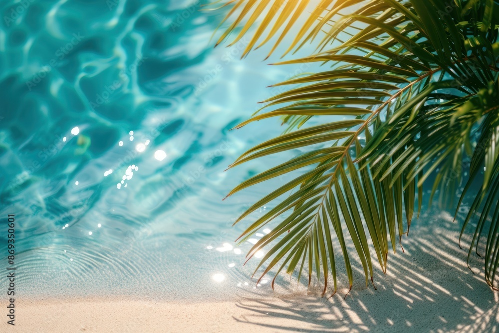 Summer tropical beach background with palm leaves sparkling water ...