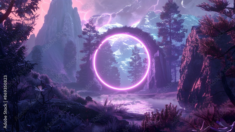 Obraz premium Pink Neon Ring In Fantasy Landscape.
