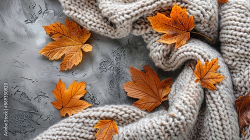 Autumn Leaves and Knitted Scarves on Rustic Wooden Background