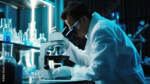 Scientist researcher using microscope in laboratory. Medical healthcare technology and pharmaceutical research and development concep photography