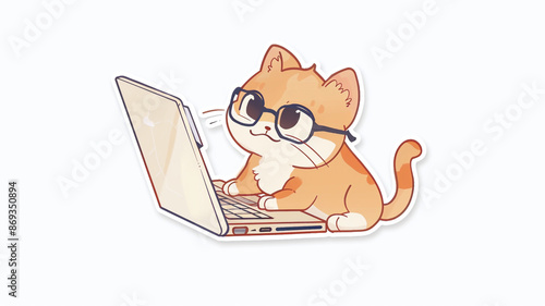 A cute cat wearing glasses is typing on a laptop in doodle style, designed minimally, as a simple chibi anime character sticker on a white background.