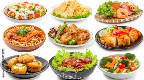 A selection of various Asian dishes served in individual bowls.