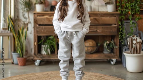 Gray sweatpants on a child model demonstrating a comfortable fit photo