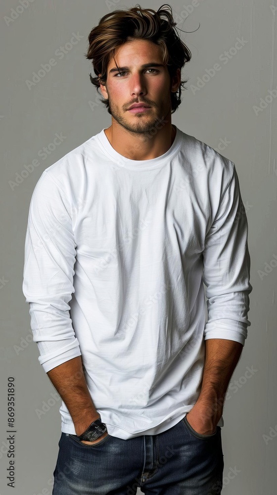 Fototapeta premium Longsleeve white Tshirt on a male model showcasing a rollup sleeve style