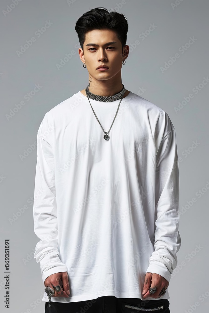 Fototapeta premium Longsleeve white Tshirt on a male model showcasing a rollup sleeve style