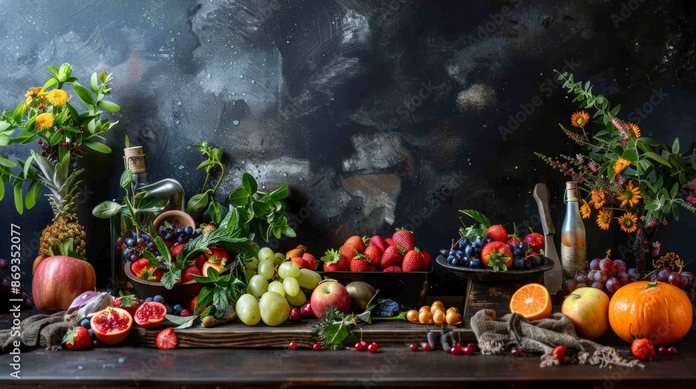 Rustic still life with fresh fruits and flowers Rustic still life with fresh fruits and flowers