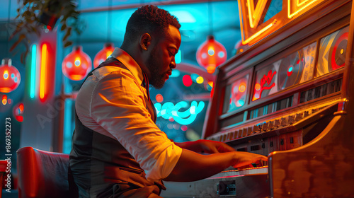 Vintage Jazz Jukebox: A black musician playing a vintage jukebox, surrounded by a nostalgic ambiance of jazz records and neon lights
