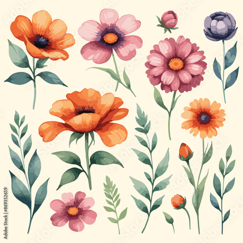 Wallpaper Mural Vintage Floral Set Hand Painted Watercolor Illustration Torontodigital.ca