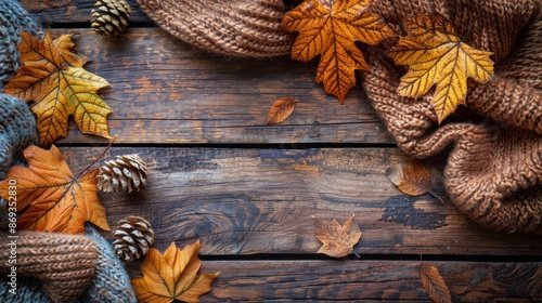 Autumn Leaves Frame Wooden Table Hands in Knitted Gloves