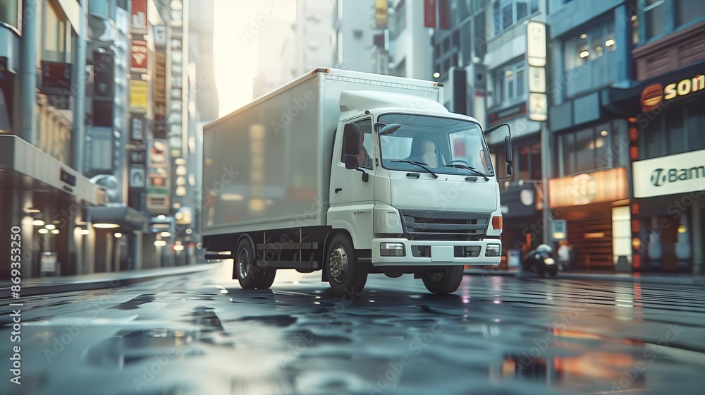 White delivery truck making a delivery in a bustling urban area, emphasizing its agility and efficiency, Perspective Low angle , Mood Modernity, convenience White delivery truck making a delivery in a bustling urban area, emphasizing its agility and efficiency, Perspective Low angle , Mood Modernity, convenience