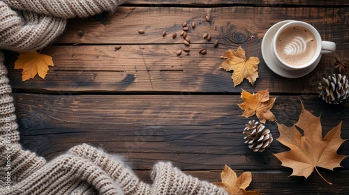 Autumn Leaves Frame Wooden Table Hands in Knitted Gloves