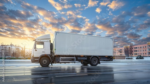 White container truck transporting refrigerated goods