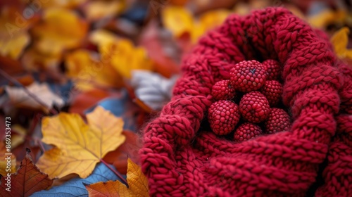 Autumn Leaves Frame Wooden Table Hands in Knitted Gloves