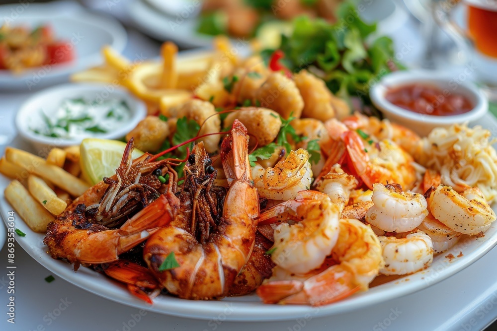 A plate of shrimp and fries with a lemon wedge on the side A plate of shrimp and fries with a lemon wedge on the side