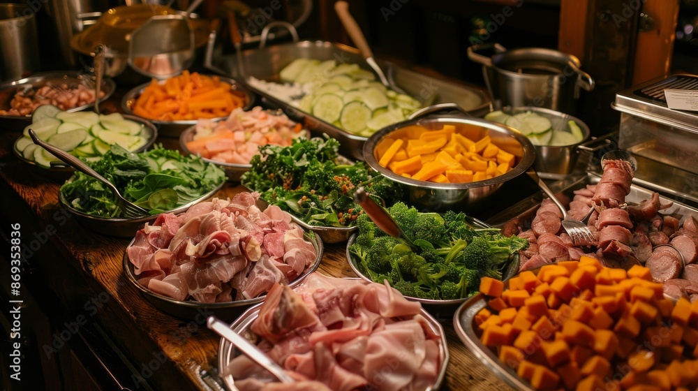 A buffet table with a variety of food options, including meats, vegetables, and starches. A buffet table with a variety of food options, including meats, vegetables, and starches.