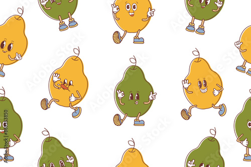 Seamless pattern of cute smiley faces on colorful pears. Funny cartoon pears in kawaii style. Vector illustration