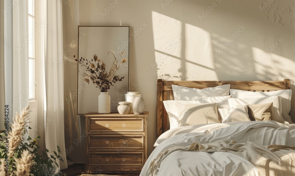 Serene bedroom with an empty canvas on the nightstand Serene bedroom with an empty canvas on the nightstand